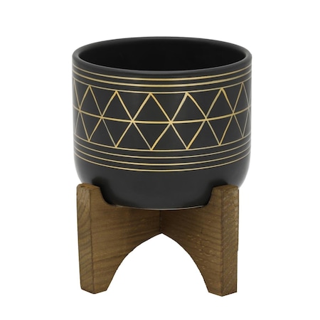 Conservatorio CT044EBKGD Black Gold Geo Planter on Wood Stand CO1780598